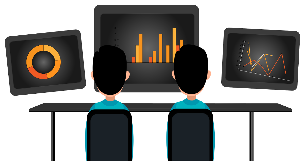 Two engineers monitoring dashboards with charts and graphs